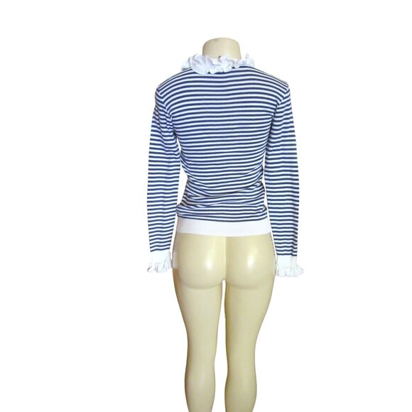 Anne Fontaine Blue & White Striped Ruffle Cotton Blouse Size 38 M - Picture 6 of 8